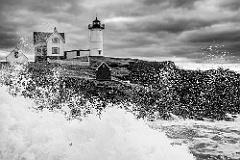 Raging Surf By Cape Neddick Lighthouse in Maine -BW
